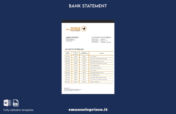 modello di estratto conto bancario Benin Banque Atlantique in stile verificato
